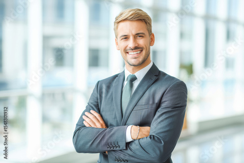 A confident man in a business suit stands in a modern office setting, smiling with arms crossed. The bright, blurred background highlights professionalism and success. Ideal for corporate themes.