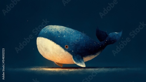 Enigmatic blue whale gliding through deep ocean waters, illuminated by soft glowing light at twilight hours, enchanting marine life captured in tranquil moment