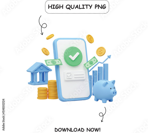 3D mobile banking and finance concept. An illustration showing a smartphone, bank, coins, and piggy bank, ideal for fintech apps, online payments, budget management, and digital savings.

