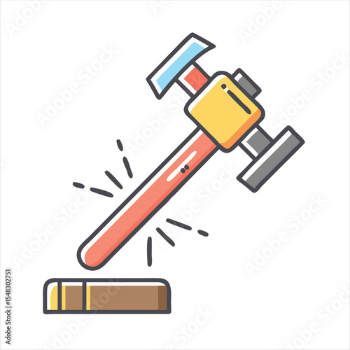 Colorful cartoon mallet hitting a wooden surface with stylized impact lines