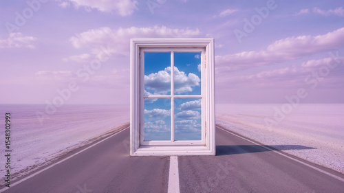 Surreal Window Standing on a Deserted Road Reflecting a Cloudy Sky. concept of Hope, Vision, Imagination, Escape  and Surrealism

