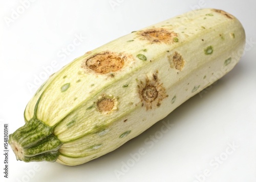 Withered zucchini displaying fungal patches on surface in garden setting a visual analysis of pale yellowing effects photo