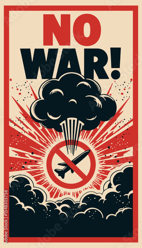 Anti-war propaganda poster in graphic style, red and black tones