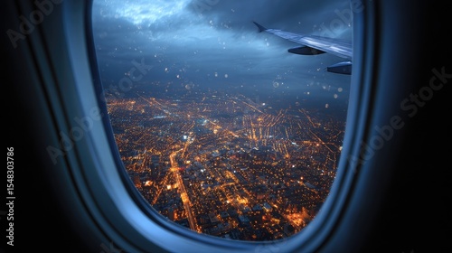 Blue hour view of city grid and lights from airplane window as night falls