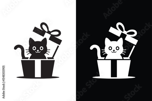 A cute cat sitting inside a gift box with a ribbon icon vector style  with white background.