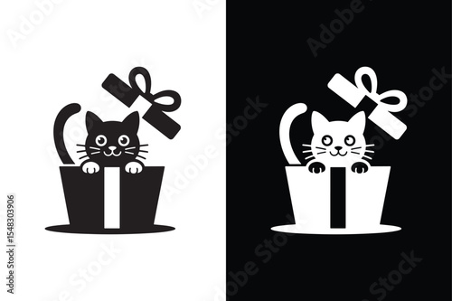 A cute cat sitting inside a gift box with a ribbon icon vector style  with white background.