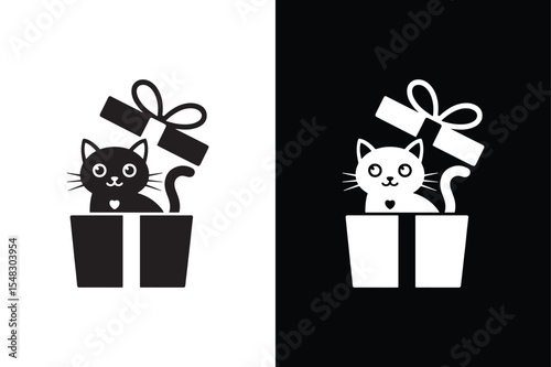 A cute cat sitting inside a gift box with a ribbon icon vector style  with white background.