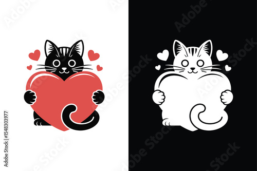 A cute cat hugging a giant heart-shaped pillow icon vector style  with white background.
