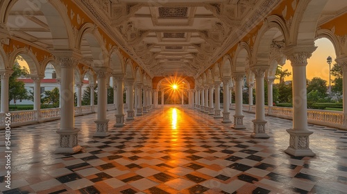 Sunlit colonnade, arched pathway