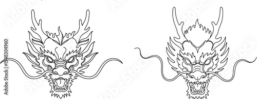 Intricate Line Art of Two Dragon Heads with Detailed Horns and Whiskers