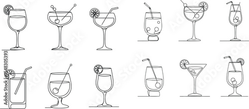 Minimalist Line Art Set Featuring Various Cocktail Glasses with Straws and Fruit Garnish