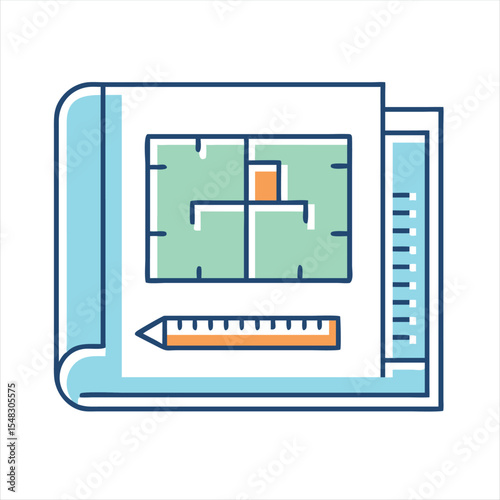 Blueprint schematic plan technical drawing with measuring tool and architectural features