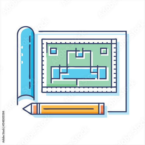 Architectural blueprint with floor plan and drafting tools representing design process