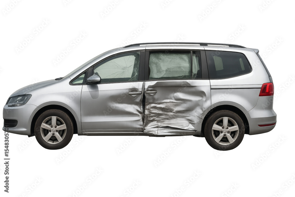 Damaged minivan showing the consequences of a car crash with transparent background Damaged minivan showing the consequences of a car crash with transparent background