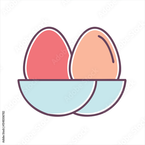 Two pastel colored hard boiled eggs resting in a light blue bowl