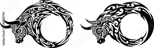 Two Ornamental Bull Head Graphics Forming a Circular Shape Design