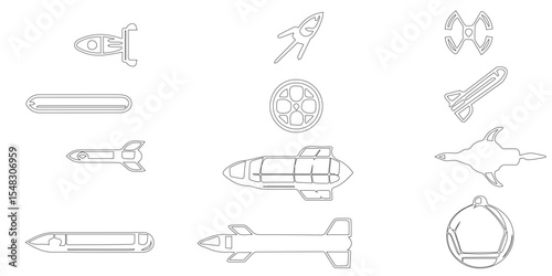Black outline of icon set relatet to nuclear weapon with extra resourse, abstract background with line art modern tecnology nuclear war weapon.