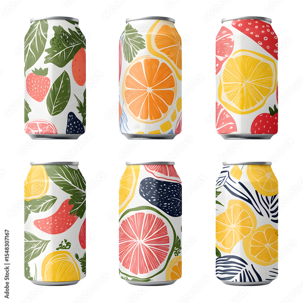 Repeat of drink cans with fruit peel textures and summer icon labels, modern layout on white Repeat of drink cans with fruit peel textures and summer icon labels, modern layout on white