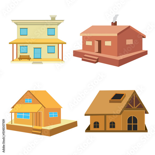 4 Different Country Houses in Vector Illustration.