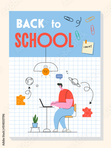 Back to School Poster – Cute Vector Education and Learning Concept.A colorful vector set of “Back to School” posters featuring students, school supplies, learning gadgets, and study elemenents.	
