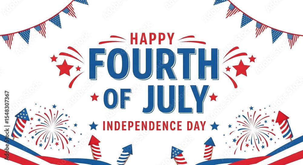 Obraz premium Happy Fourth of July Independence Day banner with festive fireworks, patriotic bunting, and American flag elements on a clean white background, perfect for holiday greetings and celebrations