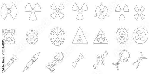 Black outline of icon set relatet to nuclear weapon with extra resourse, abstract background with line art modern tecnology nuclear war weapon.