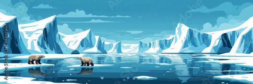 Flat vector panoramic arctic landscape with icebergs polar bears and frozen sea minimal shapes vector-friendly