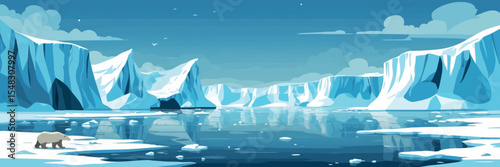 Flat vector panoramic arctic landscape with icebergs polar bears and frozen sea minimal shapes vector-friendly