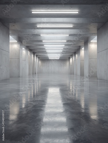3D visualization of sleek modern architecture with a blank concrete floor for vehicle display