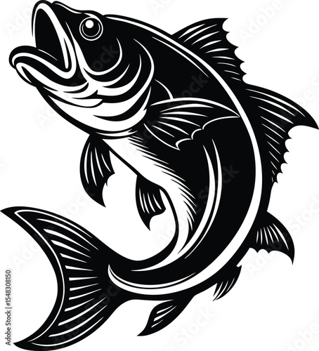 Jumping bass fish with open mouth leaping from water scene silhouette vector