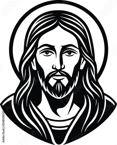 Portrait of Jesus with downward gaze in gentle minimalist line art silhouette vector