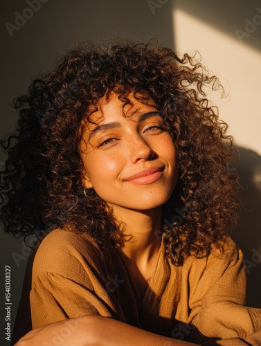 A young woman with curly hair smiling confidently at the camera in a brightly lit indoor setting, exuding positivity and natural beauty