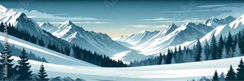 Flat vector panoramic landscape of snow-covered mountains with ski slope and pine forest cool tones minimalist composition vector-friendly