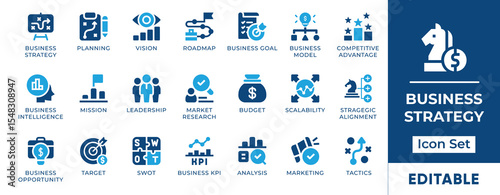 Business Strategy Icon Set. Featuring editable icons for strategy, success, and growth. Ideal for businesses, consultants, startups and strategic planning tools.