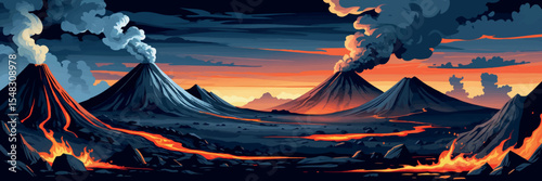 Flat vector panoramic volcano landscape with smoke rising dark rocks and lava flows dramatic palette vector-friendly
