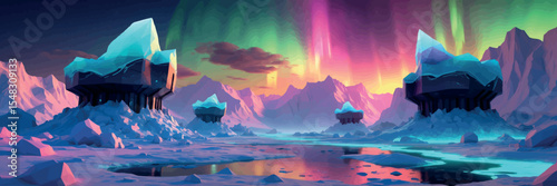 Low poly vector alien tundra with neon-colored ice unknown structures and aurora