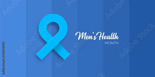 June s National Men s Health Awareness Month concept. Horizontal banner design with a blue ribbon and text, isolated on a blue background. Use as a vector flyer or poster