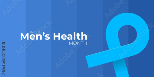 June s National Men s Health Awareness Month concept. Horizontal banner design with a blue ribbon and text, isolated on a blue background. Use as a vector flyer or poster