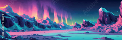 Low poly vector alien tundra with neon-colored ice unknown structures and aurora