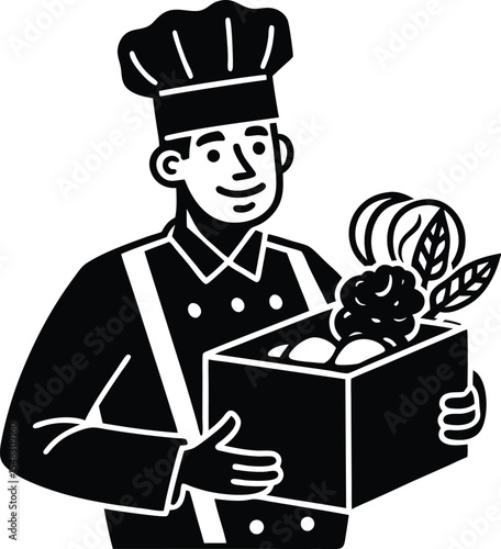 Restaurant chef holding box of food ingredients and meal with pride silhouette vector