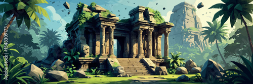 Low poly vector ancient ruin temple in jungle with mystical aura stairs and floating runes