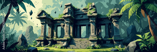 Low poly vector ancient ruin temple in jungle with mystical aura stairs and floating runes