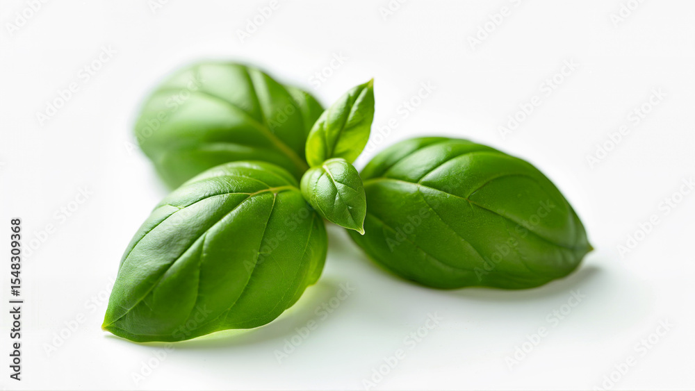 Fototapeta premium Isolated fresh basil herb leaves on a white background, suitable for culinary, nutrition, or botanical uses.