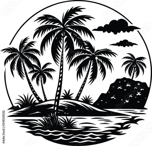 Tropical island setting with palm trees and beach elements illustration silhouette vector
