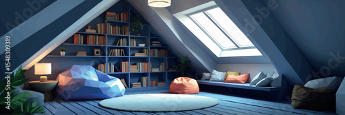 Low poly vector attic room with skylight reading nook and bean bag in cozy space