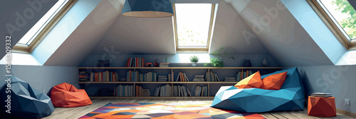 Low poly vector attic room with skylight reading nook and bean bag in cozy space