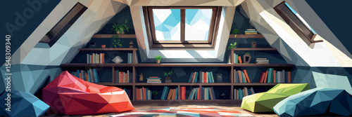 Low poly vector attic room with skylight reading nook and bean bag in cozy space