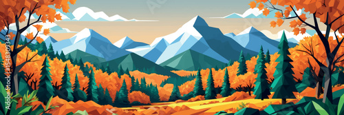 Low poly vector autumn landscape with orange trees forest and distant mountains