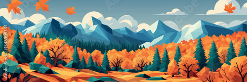 Low poly vector autumn landscape with orange trees forest and distant mountains
