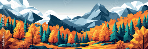 Low poly vector autumn landscape with orange trees forest and distant mountains